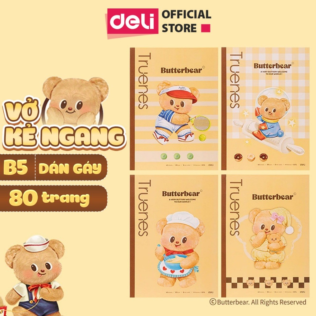 Vở Kẻ Ngang Butter Bear Deli Gấu Bơ 80 Trang Vở Học Sinh Ghi Chép Đa Dạng Mẫu Mã Đại Học Làm Quà Tặng Đồ Dùng Học Tập