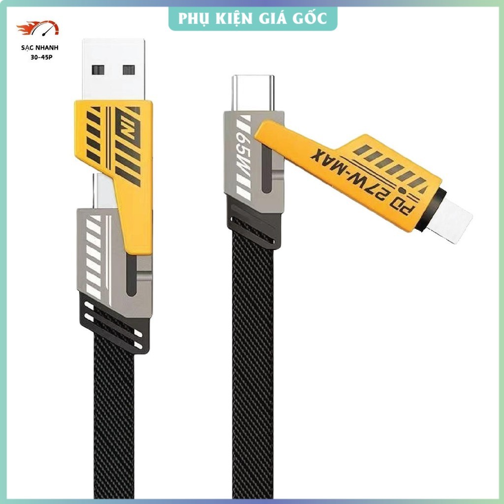 Cáp sạc 4 in 1, Dây sạc nhanh 4 đầu 65W. Dây dù, đầu cáp kim loại, chống gẫy. Dây sạc 4 in 1, Dây sạ