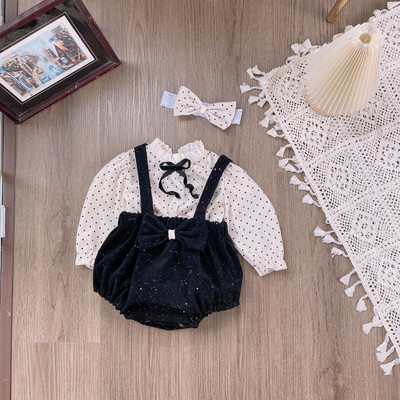Set Áo Tay Dài Chấm Bi Body Yếm Nhung Cho Bé Gái Sơ Sinh 1 2 Tuổi MINTSCLOSET - BS6559