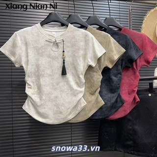 Xiang Nian Ni Thiết Kế Trung Quốc Sense Ếch Nút Áo Thun Nữ Tay Ngắn Mới Slim Top