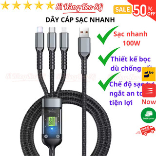  SKU802 - Dây Cáp Sạc Nhanh - Dây Sạc Tự Ngắt 3 Đầu 100W Micro USB Type C 3 trong 1 Dài 1m2 