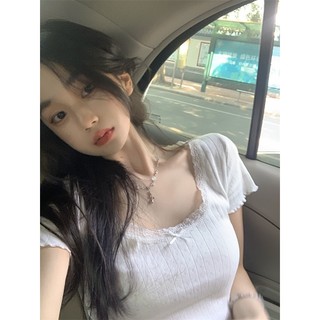 Áo thun ngắn tay ren trắng nữ mùa hè phong cách Hàn Quốc Ins Slim Fit BM Style Crop Top