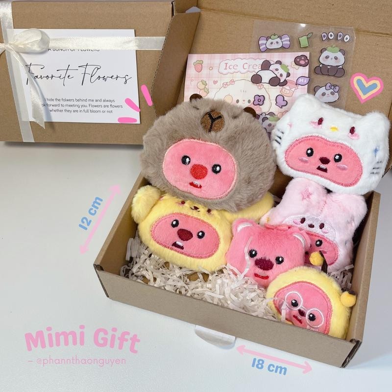 Set quà tặng gấu bông loopy, Combo loopy gấu bông + bó hoa gấu + huy hiệu cài áo kèm hộp và thiệp ca