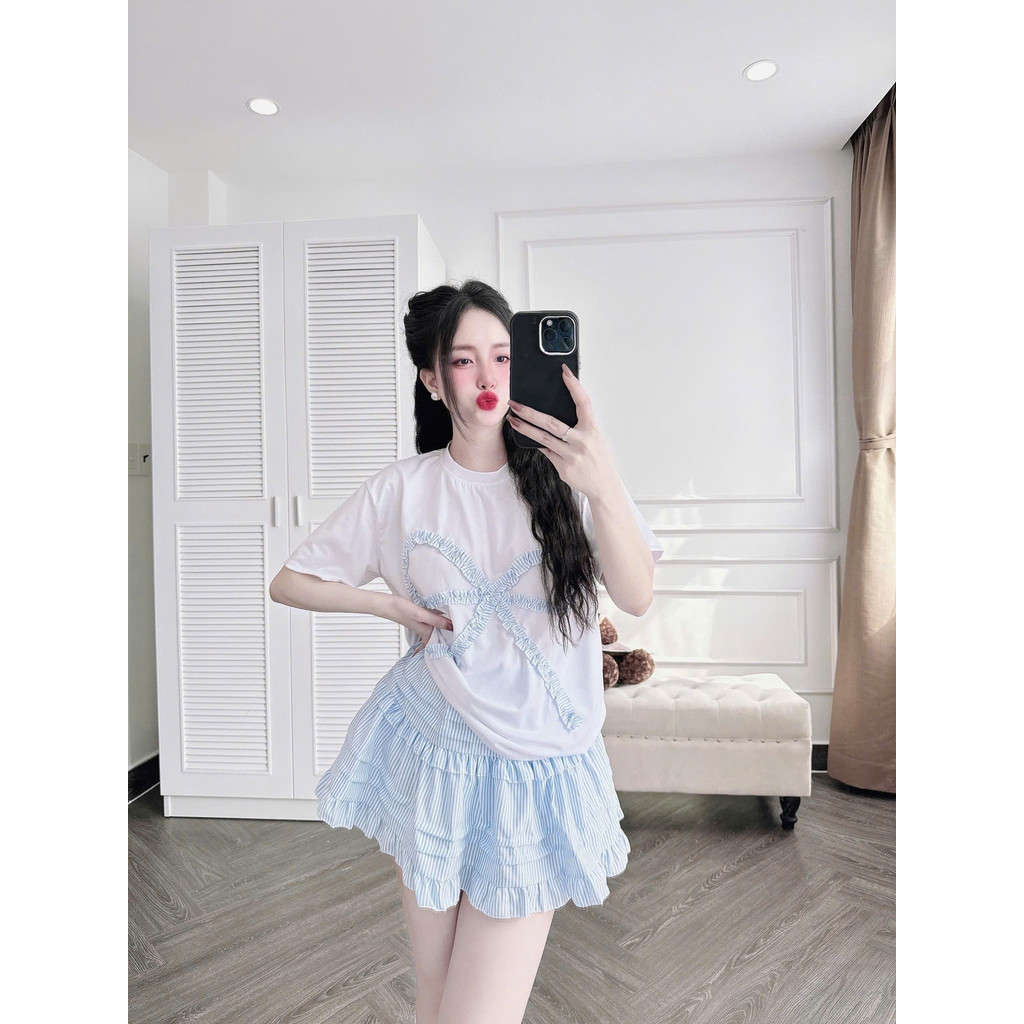 Set Thời Trang Nữ Áo Đính Nơ Cổ Tròn Kèm Chân Váy Nữ 45 - 95kg Dễ Thương Cho các nàng Có Bigsize Thun Women