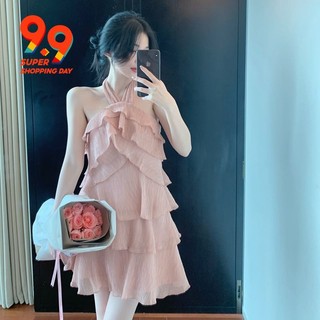 2022 retro lotus leaf edge chiffon cake skirt sexy neck shoulder high waist fluffy dress