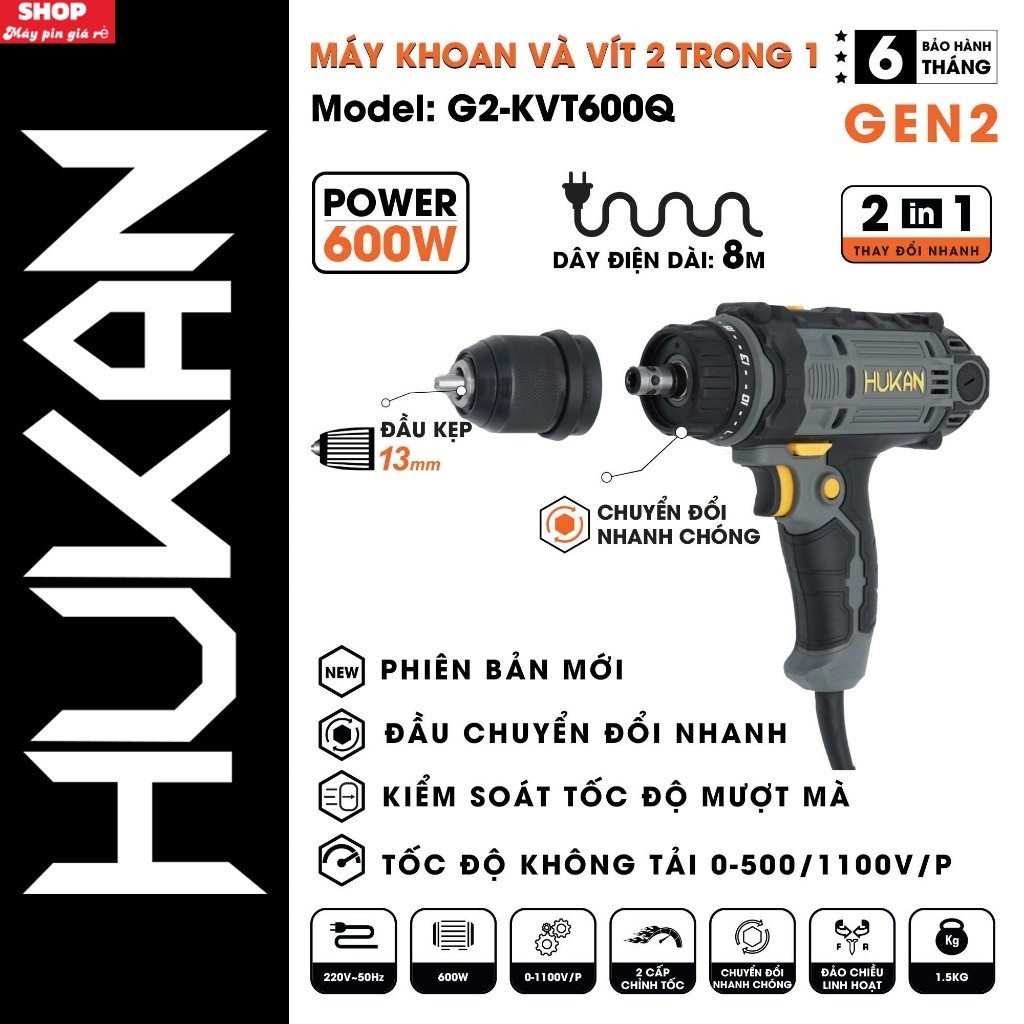 Máy khoan, máy bắn vít 2 trong 1 hukan sử dụng điện G2-KVT600Q, Dây điện dài 8m, SHOP MÁY GP