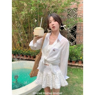 Áo sơ mi chống nắng dài tay dài ngọt ngào thắt nơ mẫu mới logo thêu màu thuần giản dị