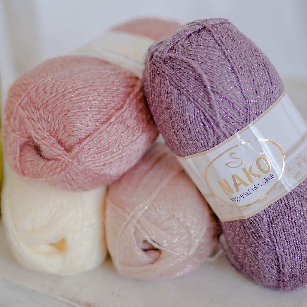 Cuộn len mohair pha kim tuyến Nako Angora Luks Simli , len giặt máy