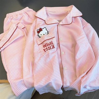 Đồ bộ nữ đồ mặc nhà hellokitty Bộ Đồ Ngủ Xuân Thu Dài Tay Cardigan Với Hoạt Hình ca-rô Phong Cách Ngọt Ngào Size Lớn