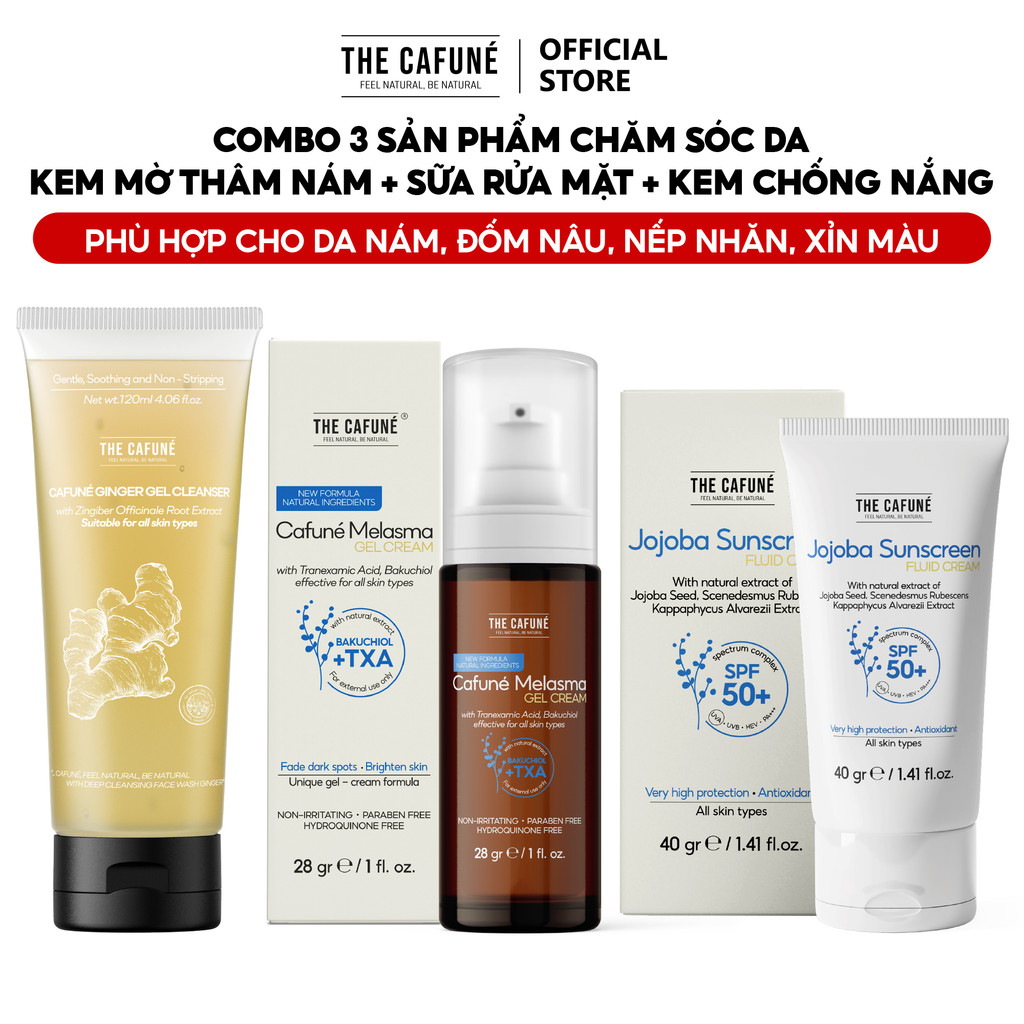 [Combo Dành Cho Da Nám, Đốm Nâu, Không Đều màu] Kem Nám, Kem Chống Nắng Jojoba 40g, Sữa Rửa Mặt Gừng 120ml The Cafuné