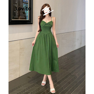 Đầm Lovito phối nơ xếp ly màu trơn phong cách thanh lịch cho nữ LNL36075 (Xanh lá)
