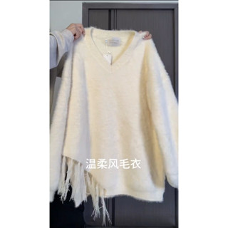 Cổ Chữ V Giả Chồn Áo Len Nữ Mềm fufu Phiên Bản Hàn Quốc Phong Cách Lười Áo Len Không Đều Pháp Lông Đan Top 