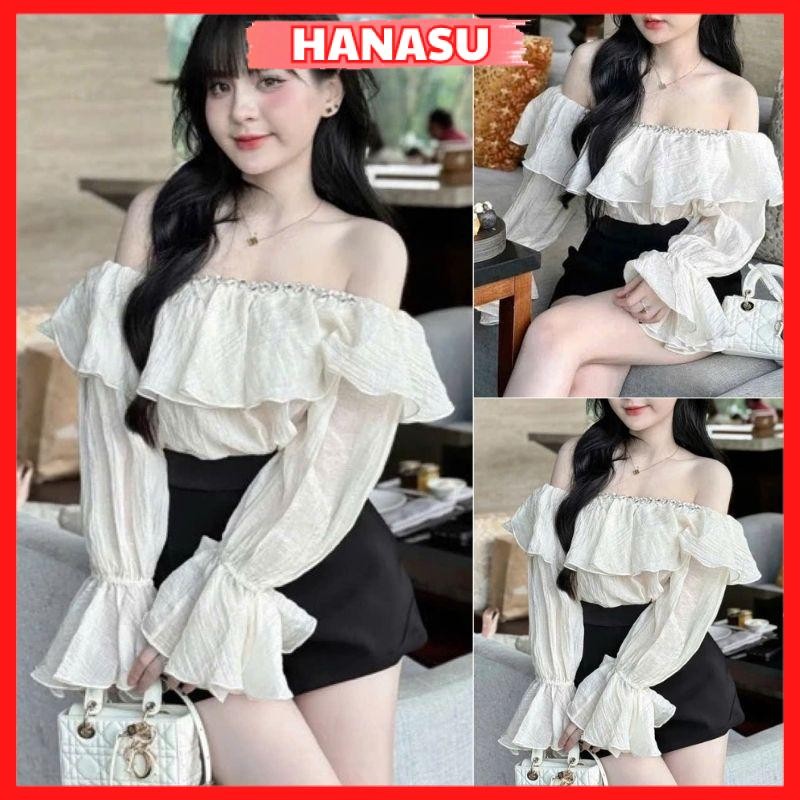 Áo trễ vai tay bồng tiểu thư áo kiểu nữ thiết kế đính đá sang chảnh chất tơ nhăn hàng loại đẹp A45-HANASU