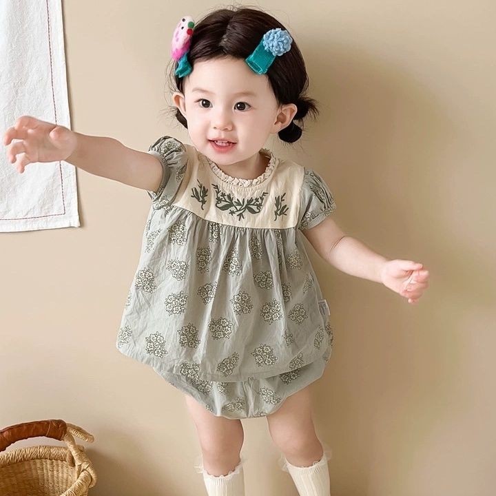 Đồ bộ ngắn tay thêu hoa cho bé gái phiên bản Hàn Quốc, bộ bodysuit ren cho bé gái