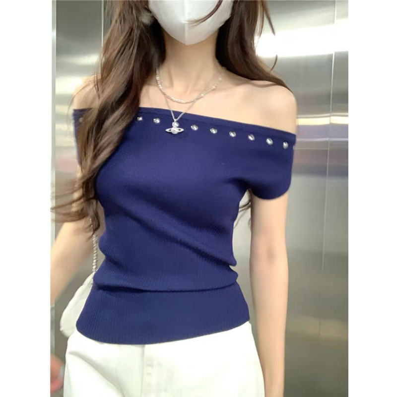 Áo thun dệt kim ngắn tay lệch vai kiểu Pháp 2797