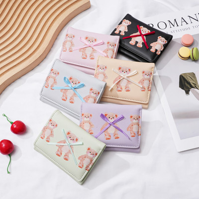 Hoạt Hình Gấu In Nơ Ví Nữ Vuông Dễ Thương Có Thể Gập Lại Nhiều Thẻ Ví Đựng Tiền Mặt Tiện Lợi