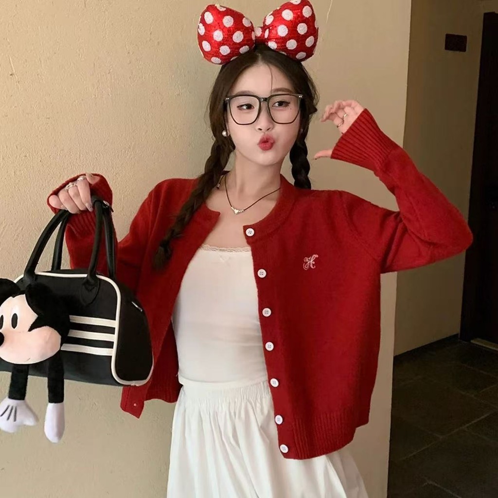 YAYUAN Cardigan len nữ cổ tròn thêu dài tay, phong cách mới thời trang - màu đỏ