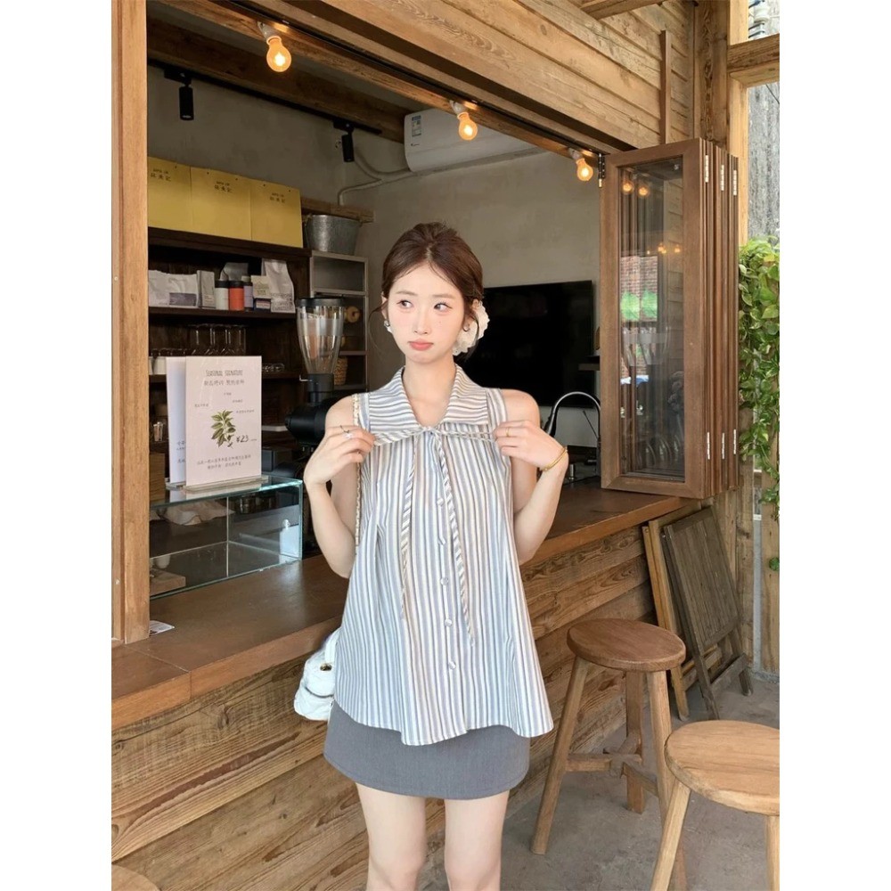 Áo sơ mi không tay kẻ sọc kiểu Pháp ngọt ngào, dáng babydoll Hàn Quốc rộng rãi cơ bản, áo nữ có nơ | BigBuy360 - bigbuy360.vn
