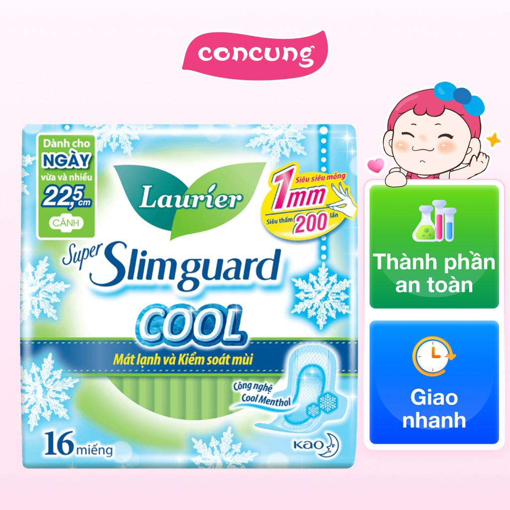 Băng vệ sinh Laurier Super Slimguard Cool Mát lạnh & Kiểm soát mùi 22,5 cm 16 miếng