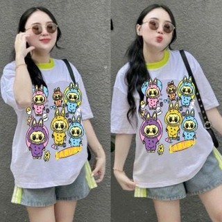20.4217 set bộ đồ áo thun form rộng in labuu. + quần đùi jean phối sọc. nữ