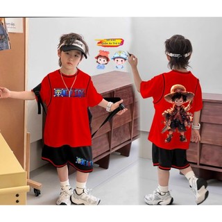 Bộ thun cotton one piece Luffy mũ rơm cho bé trai