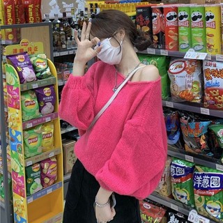 Áo len trơn rộng mùa thu Hàn Quốc dành cho nữ Đèn lồng tay lệch vai Áo len dệt kim ngắn