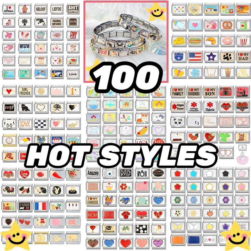 100 Chiếc 100 Phong Cách Quyến Rũ Ý Mô Đun Vòng Tay Quyến Rũ Liên Kết Phù Hợp Với 9 Mm Vòng Tay Thép Không Gỉ Trang Sức DIY Làm