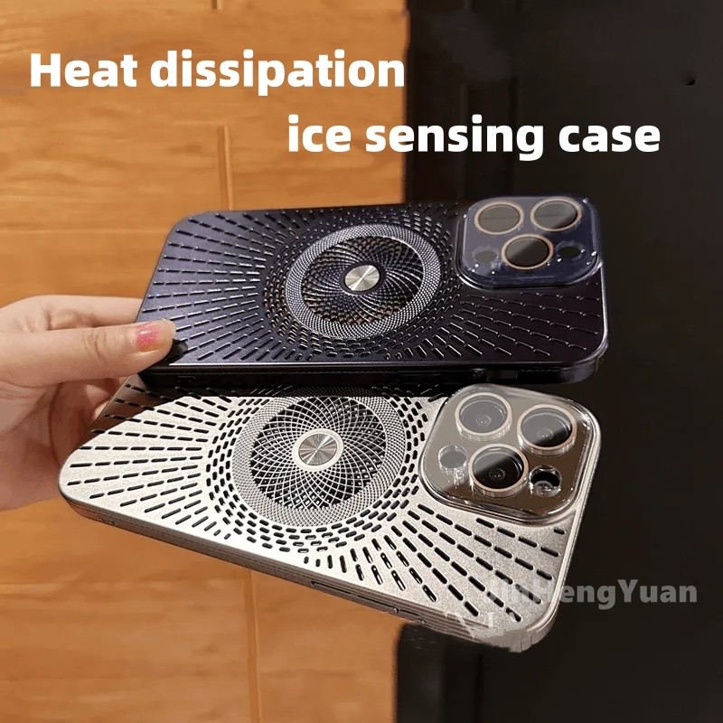 Ice Like Rỗng Tản Nhiệt Vỏ Xoắn Ốc Lá Chắn Vàng Vỏ Từ Tính Cho Iphone 15 14 13 12 Pro Max Mới Mạ Điện Ống Kính Kính Siêu Mỏng Chống Rơi Bìa Cứng