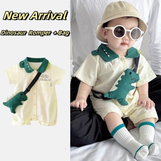 Quần áo liền quần cho bé + Túi khủng long Bộ áo liền quần tay ngắn mùa hè cho bé trai bé gái Hoạt hình Ve áo Quần áo 0-2 tuổi Bộ đồ liền thân cho bé