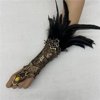  Vòng tay lông vũ Halloween Phong cách Gothic Găng tay lông vũ rỗng ren vàng ren ren cánh tay 