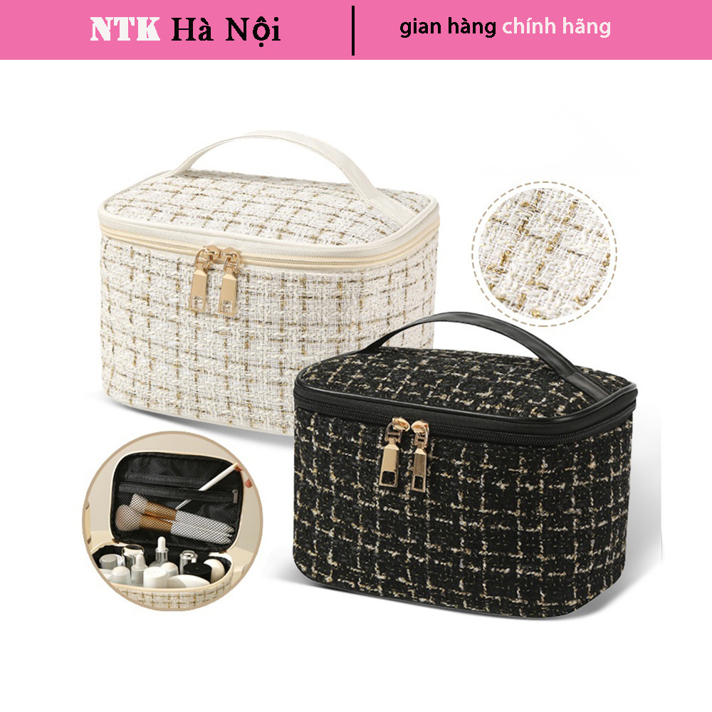 Túi đựng đồ trang điểm NTK chất liệu vải Tweed sức chứa lớn nhiều màu hiện đại