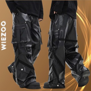 Weizoo - Quần Da túi hộp ống rộng Nam Nữ LOVY nhiều túi phong cách retro