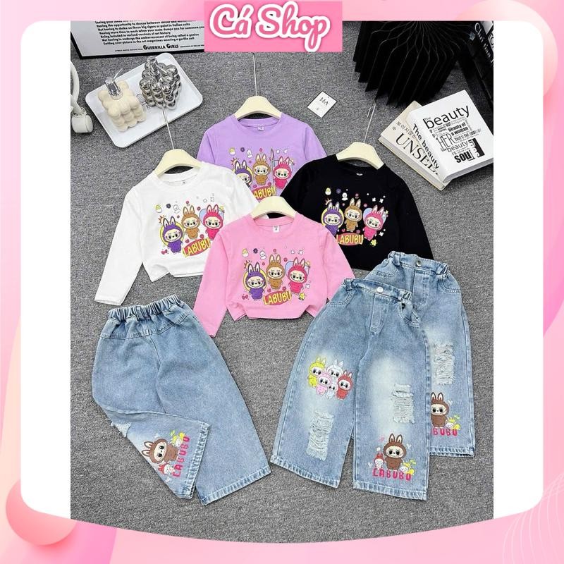 Set bộ bé gái CS544, Set áo 3 Labubu dài tay quần jean dài