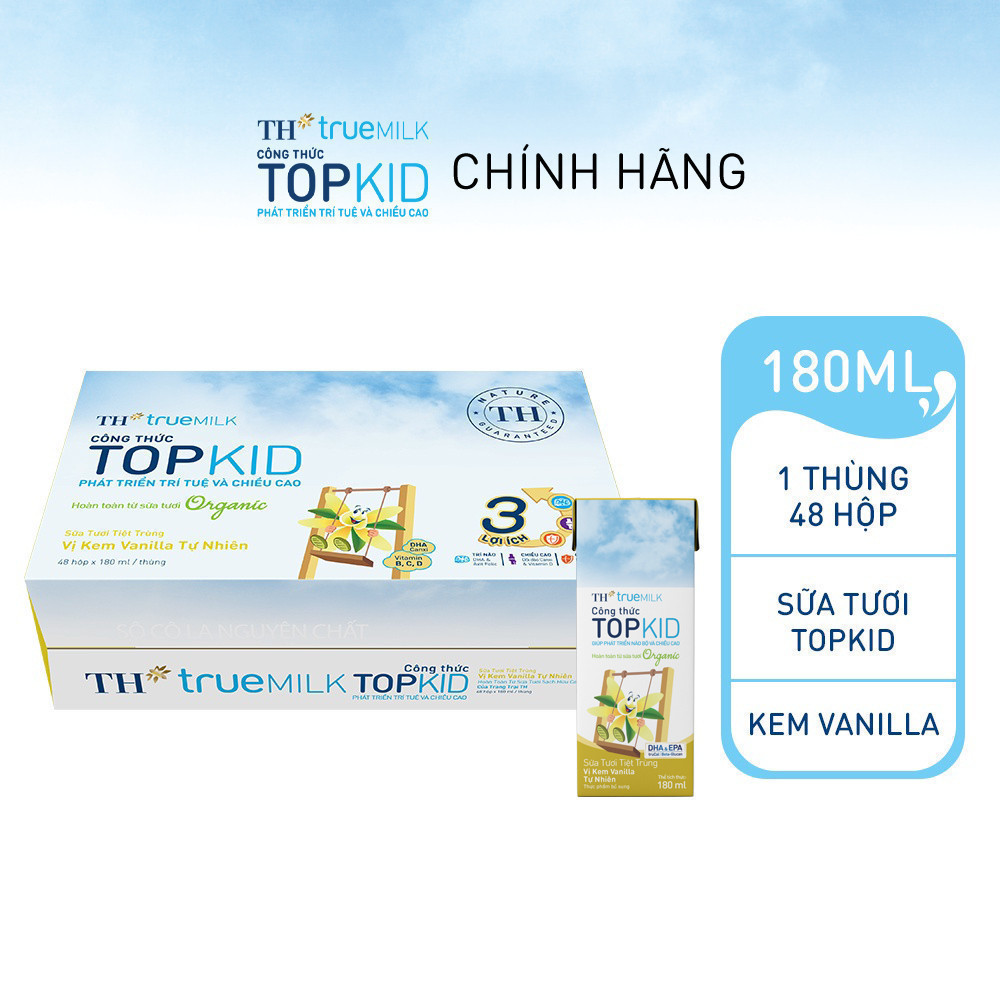 Thùng 48 hộp sữa tươi tiệt trùng TH true MILK TOPKID Organic vị kem vanilla tự nhiên 180 ml (180 ml 