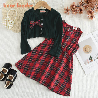  BEAR LEADER Gấu Leader Phiên Bản Hàn Quốc Bé Gái Bộ Giáng Sinh 3-7 Tuổi Nơ Dệt Kim Áo Cardigan Và Áo Vest In Kẻ Sọc Đỏ 2 Miếng Phù Hợp Với Tiệc Năm Mới Quần Áo Trẻ Em 