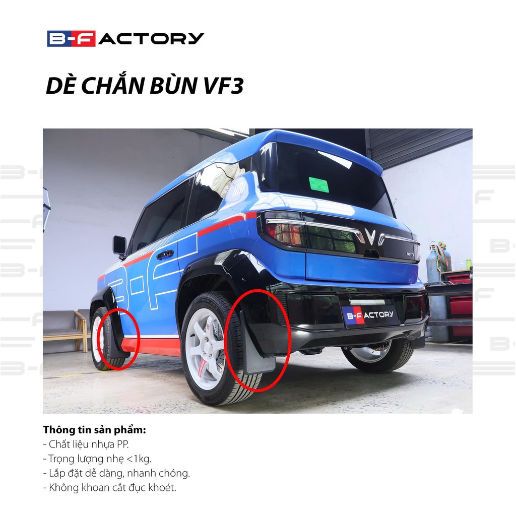 CHẮN BÙN VF3, DÈ CHẮN BÙN XE VINFAST VF3 CHÍNH HÃNG LOẠI DÀY, TỰ LẮP TRƯỚC SAU B-FACTORY 5
