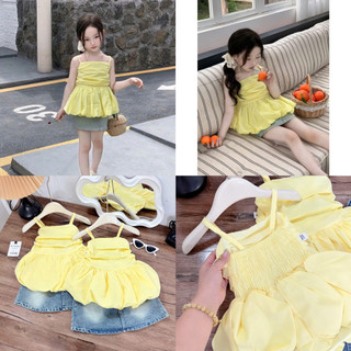  Set Áo 2 Dây Vàng Dáng Bí Váy Bò Xinh Xắn Cho Bé Gái 10-20kg 