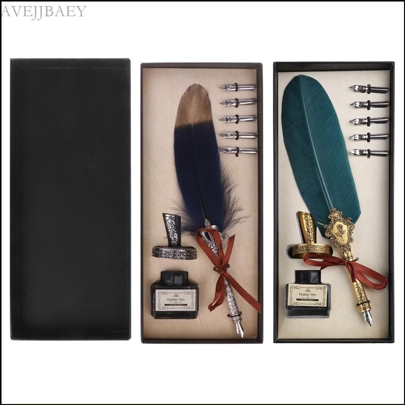 Vintage Feather Quill Dip Pen Fountain Pens With Ink +5 Nibs Set Stationery