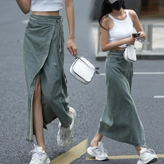  Chân váy jeans dáng dài vạt buộc xẻ trước chân váy  hot 2024 CCH 