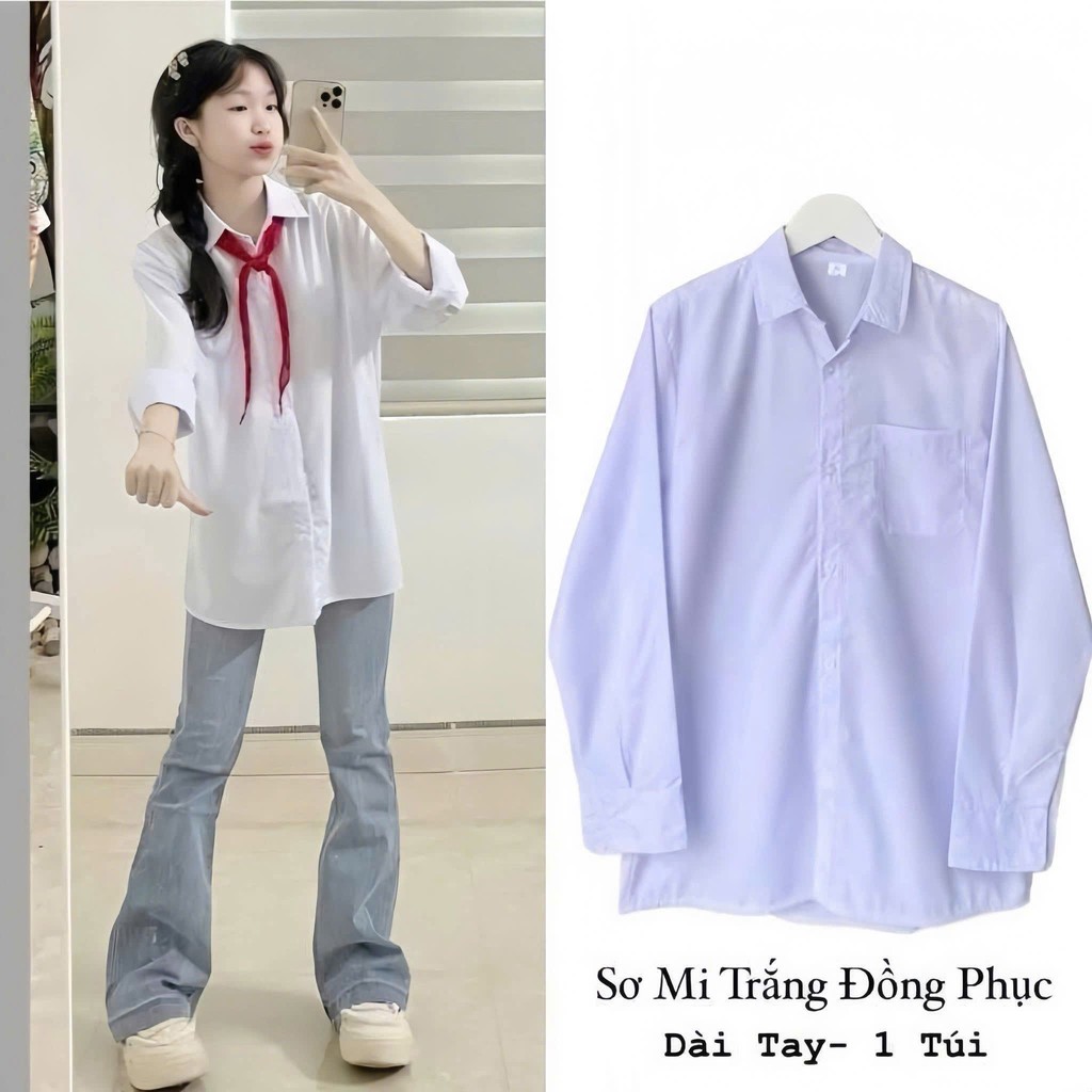 Áo sơ mi trắng unisex tay lỡ và dài tay cho học sinh, freesize thoải mái-chang3158