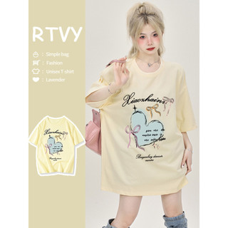 「RTVY」Áo thun Cotton ngắn tay nguyên chất Oversize dáng rộng thường ngày nơ in hình trái tim Áo thun trẻ em