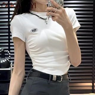 Áo thun ngắn mùa hè dành cho nữ Tay ngắn cổ tròn Thiết kế thích hợp Slim-fit Slimmer Nhìn nửa tay P