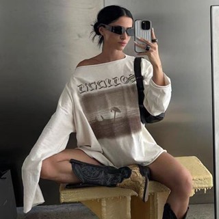 Áo thun Klalien dài tay lệch vai Hip Hop In dáng rộng thời trang hợp thời trang mùa hè 2024 Phụ nữ mới