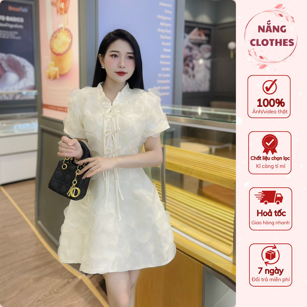 Váy thiết kế dáng A cổ tàu phối dây nơ- Khâu đính hoa thủ công thắt nơ trước, đầm dự tiệc, đi chơi đi làm bao xinh.