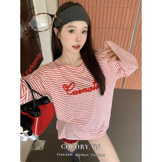Cocorygirl Quần áo nữ Hàn Quốc Áo thun dài tay sọc đỏ chữ dáng rộng áo thun midi thông thường