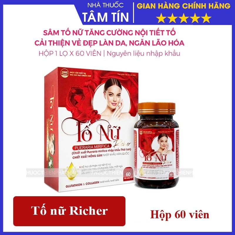 Sâm Tố Nữ Richer hỗ trợ nội tiết tố nữ, đẹp da, ngăn lão hóa, cải thiện sinh lý nữ lọ 60 viên