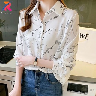 Ruidiandian Xuân Thu Mới Nữ In Hình Áo Sơ Mi Voan Đa Năng Rời Áo Khoác Ngoài Top Retro Tay Dài