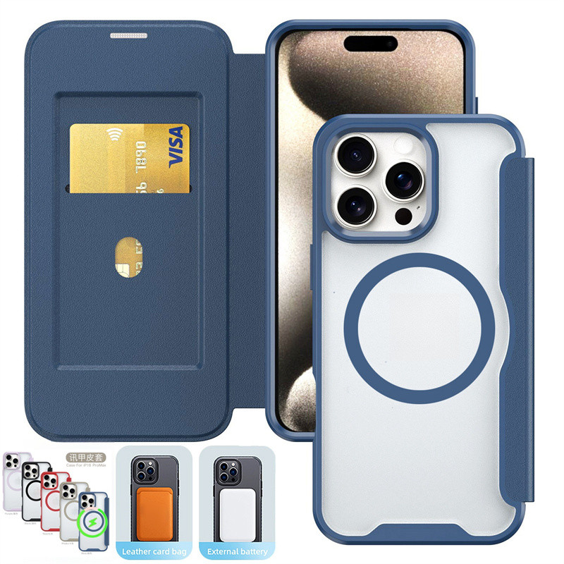 Khe cắm thẻ từ tính Vỏ da cho IPhone 16 15 14 13 12 11 Pro Max Plus Sạc không dây Bảo vệ Vỏ chống sốc