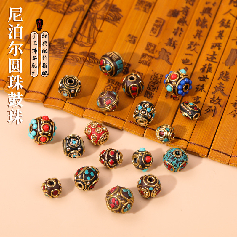 Hạt tròn Nepal hạt trống hạt đồng thau Tự Làm Thủ Công khảm hạt cloisonne dầu nhỏ giọt phong cách dân tộc Hạt rời phụ kiện trang sức