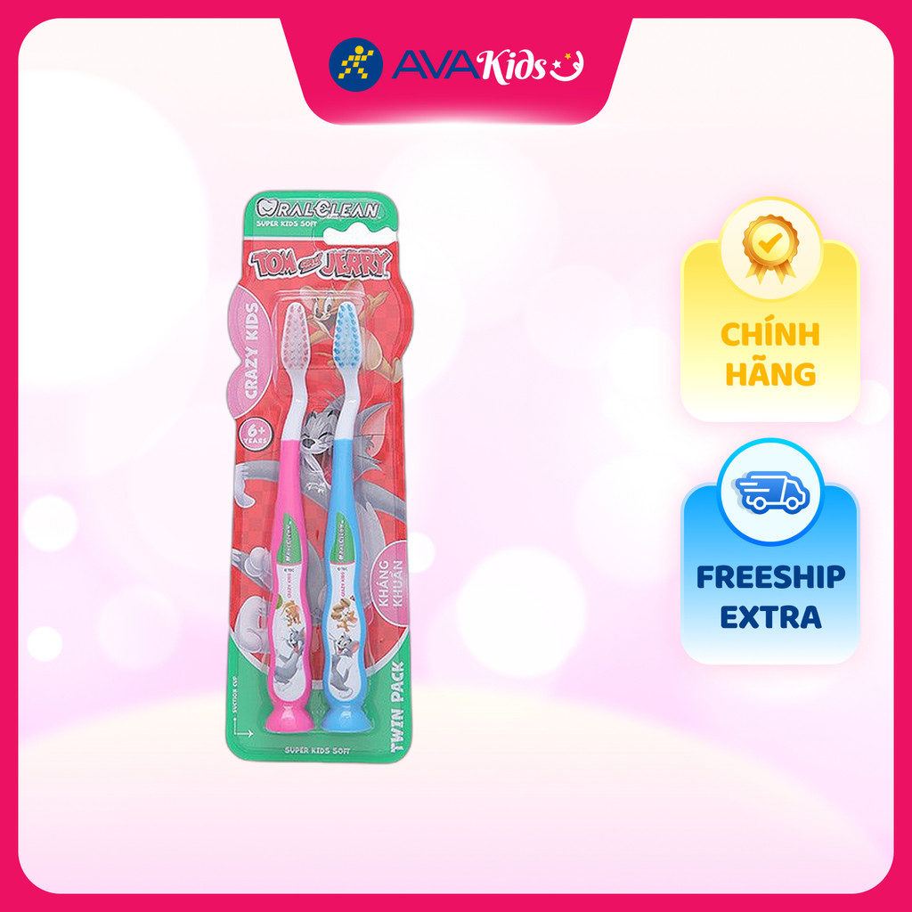 Bộ 2 bàn chải cho bé Oral Clean Crazy Kids Soft lông mềm (từ 6 tuổi) - Màu xanh dương, hồng